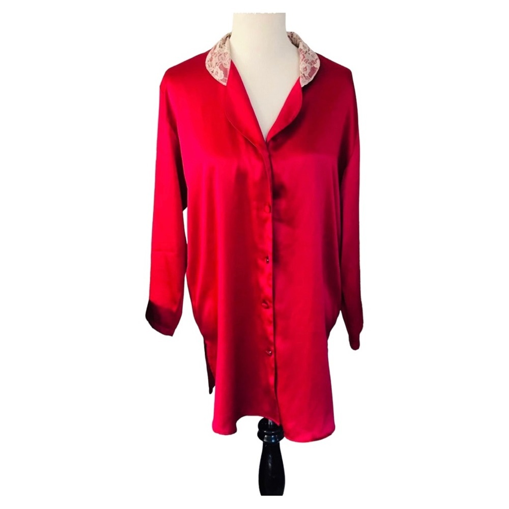Victoria's Secret Red Satin Button-Up Sleep Shirt with Lace Collar